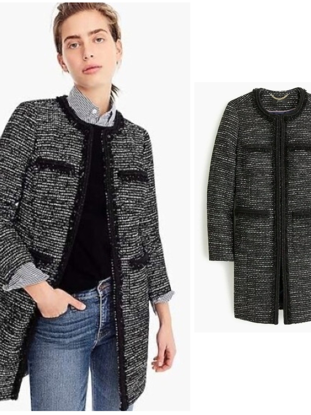 J. Crew, Tweed Lurex Lady Coat in Black And White
